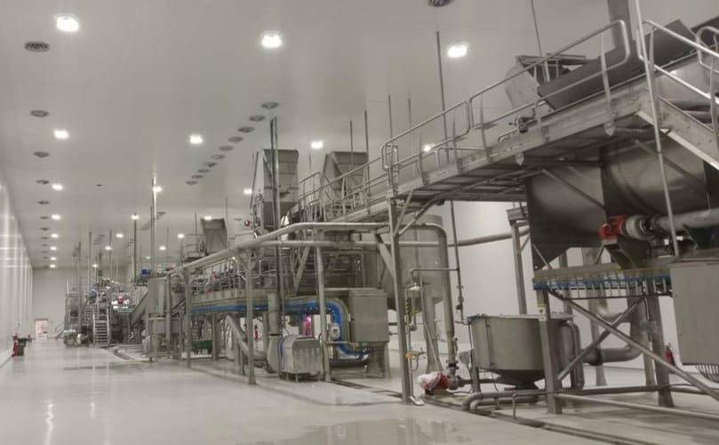 Interior view of HyFun Foods’ potato flake processing line, showcasing advanced stainless-steel equipment designed for high-capacity, automated production.