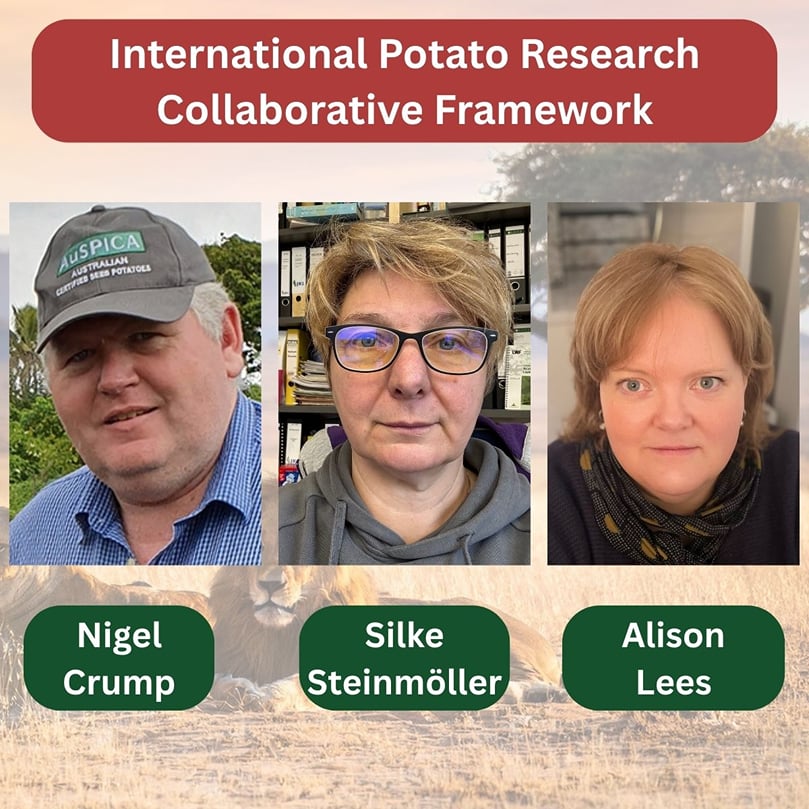 Nigel Crump, Silke Steinmöller, and Alison Lees co-lead the International Potato Research Collaborative Framework (IPRCF) Nigel Crump, Silke Steinmöller, and Alison Lees co-lead the International Potato Research Collaborative Framework (IPRCF)
