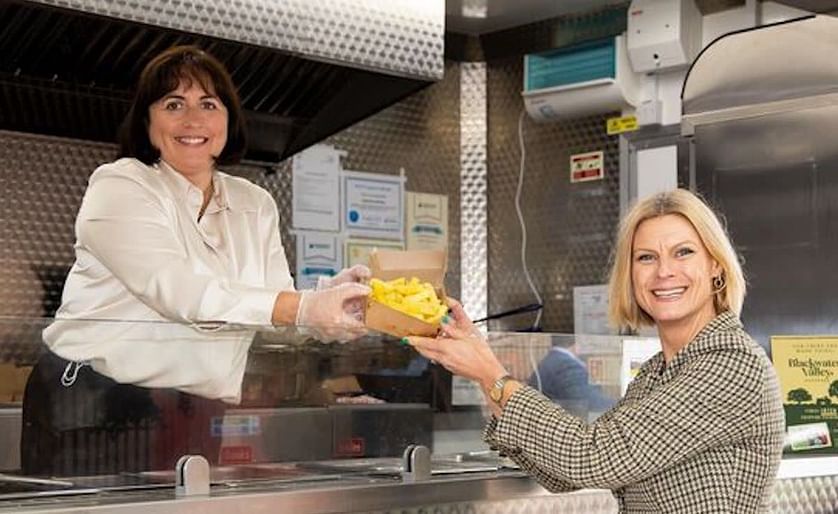 Minister of State at the Department of Agriculture, Food and the Marine, Pippa Hackett pictured with Marie Geary, Meadowfresh Farm. The department is encouraging the potato industry to pursue the EUR 20 million (about USD 23 million) Irish chip shop secto