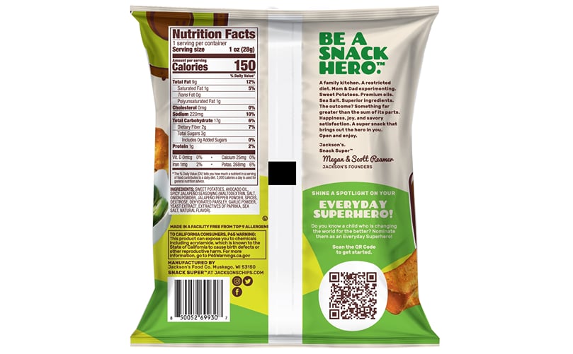 Back side of the packaging for Jackson Sweet Potato Chips, Spicy Jalapeno. Back side of the packaging for Jackson Sweet Potato Chips, Spicy Jalapeno.