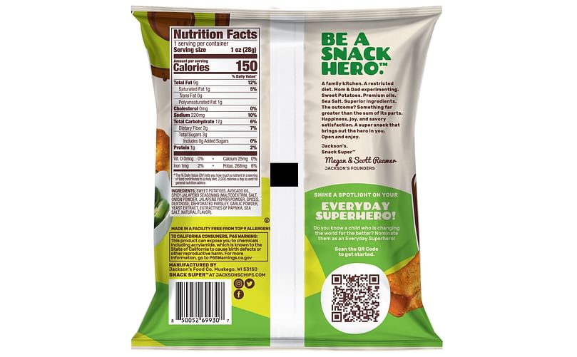 Back side of the packaging for Jackson Sweet Potato Chips, Spicy Jalapeno. Back side of the packaging for Jackson Sweet Potato Chips, Spicy Jalapeno.