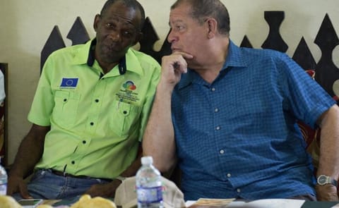 Jamaican Minister of Industry, Commerce, Agriculture and Fisheries, Hon. Audley Shaw (right), speaking with State Minister, Hon. J.C. Hutchinson, at a National Irish Potato Stakeholders Seminar held in Devon, Manchester, on Thursday April 26(Courtesy: J Jamaican Minister of Industry, Commerce, Agriculture and Fisheries, Hon. Audley Shaw (right), speaking with State Minister, Hon. J.C. Hutchinson, at a National Irish Potato Stakeholders Seminar held in Devon, Manchester, on Thursday April 26(Courtesy: J
