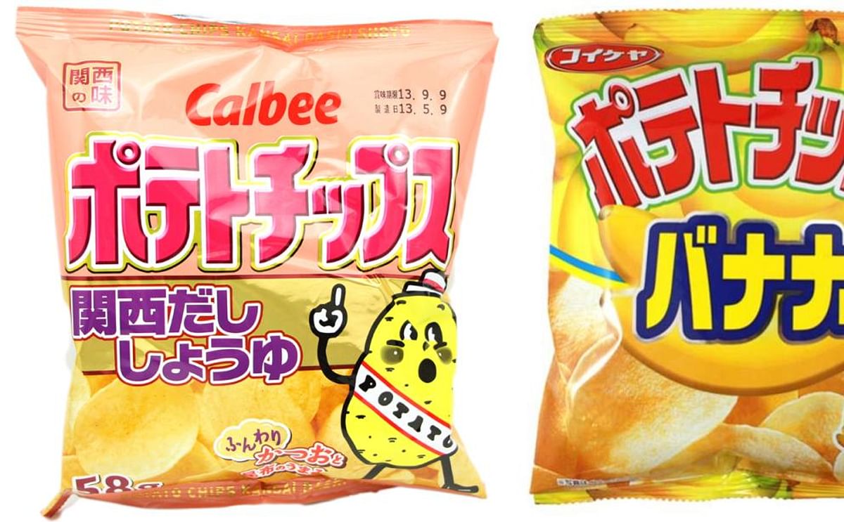 Examples of Japan's largest two potato chip brands: Calbee potato chips (left) and Koikeya potato chips, banana flavour (right).