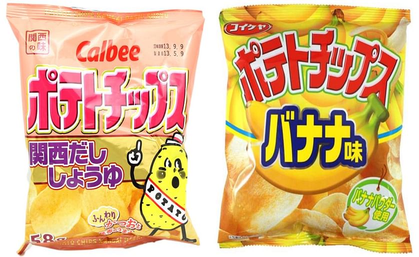 Examples of Japan's largest two potato chip brands: Calbee potato chips (left) and Koikeya potato chips, banana flavour (right).