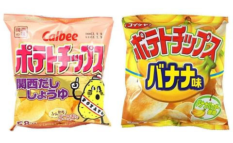 Examples of Japan's largest two potato chip brands: Calbee potato chips (left) and Koikeya potato chips, banana flavour (right). Examples of Japan's largest two potato chip brands: Calbee potato chips (left) and Koikeya potato chips, banana flavour (right).