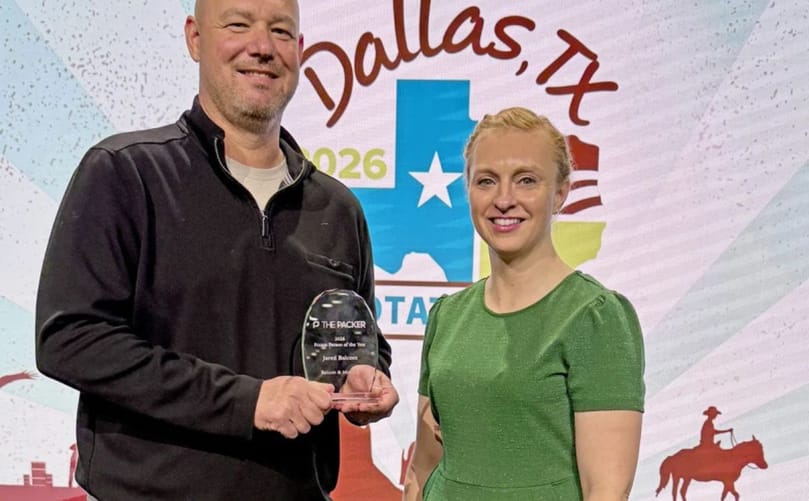 The Packer presented fourth-generation potato grower Jared Balcom with its 2026 Potato Person of the Year award at Potato Expo 2026. Christina Herrick, produce editor of The Packer, presented Balcom with the award.