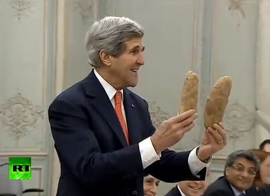 Secretary of State John Kerry hands Russian Foreign Minister Sergey Lavrov two "impressive" Idaho potatoes.

