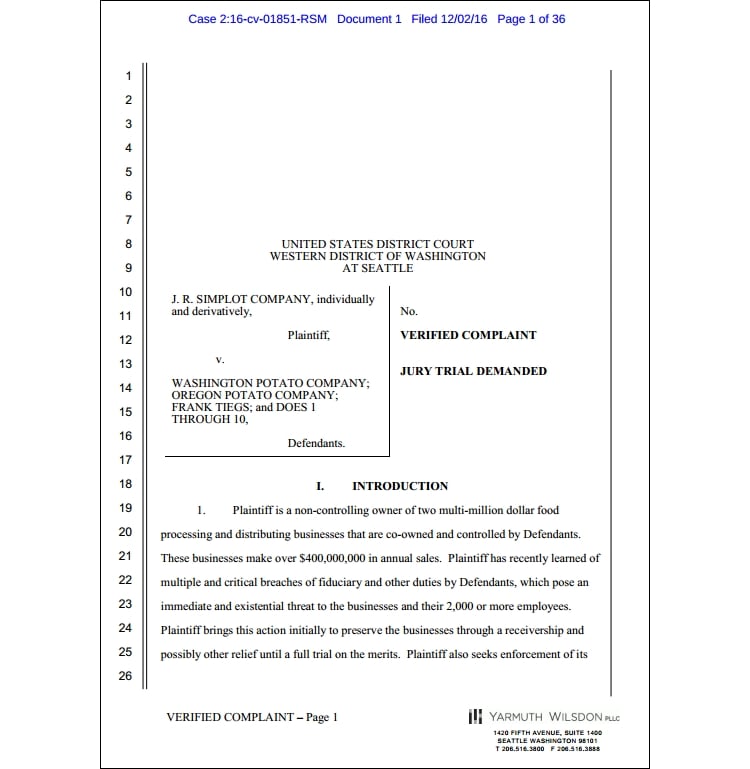 The complaint was filed by Jeremy Roller of Yarmuth Wilsdon in Seattle. The complaint was filed by Jeremy Roller of Yarmuth Wilsdon in Seattle.