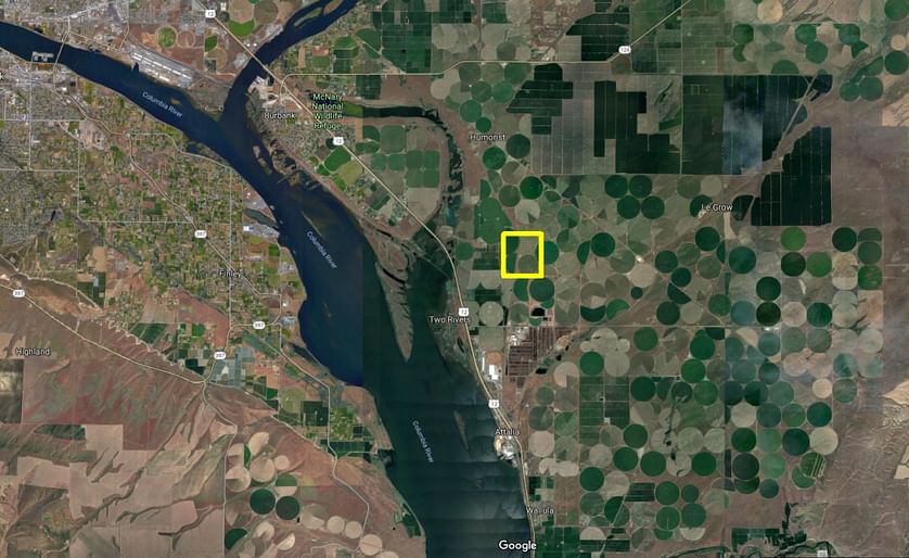 The potential future location of a Simplot Potato Processing Plant (marked with a yellow square), after related re-zoning requests by Simplot have been approved by the Walla Walla county. 