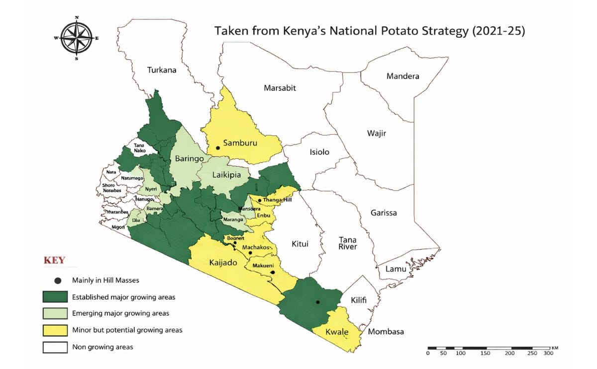 Kenya potato growing regions classified by major, emerging, and potential production zones under national strategy