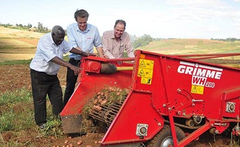 George Kinuthia (left) checks the progress of the potato harvesting at his farm in Molo with Fergus Robley (right) the Managing Director of FMD East Africa and Jan Soltau (centre) the Sales Manager of Grimme.
George Kinuthia (left) checks the progress of the potato harvesting at his farm in Molo with Fergus Robley (right) the Managing Director of FMD East Africa and Jan Soltau (centre) the Sales Manager of Grimme.