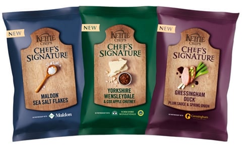The Kettle Chips Chef's Signature range launched in the United Kingdom includes the flavours "Gressingham Duck®, Plum Sauce & Spring Onion", "Yorkshire Wensleydale Cheese & Cox Apple Chutney" and "Maldon® Sea Salt Flakes" The Kettle Chips Chef's Signature range launched in the United Kingdom includes the flavours "Gressingham Duck®, Plum Sauce & Spring Onion", "Yorkshire Wensleydale Cheese & Cox Apple Chutney" and "Maldon® Sea Salt Flakes"