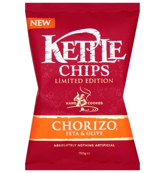 Packaged in a vivid bag to create on-shelf stand out, Chorizo, Feta & Olive was developed by the KETTLE® Chips Chef, who was tasked with creating a tasty seasoning which captures the spirit of fresh summer food Packaged in a vivid bag to create on-shelf stand out, Chorizo, Feta & Olive was developed by the KETTLE® Chips Chef, who was tasked with creating a tasty seasoning which captures the spirit of fresh summer food