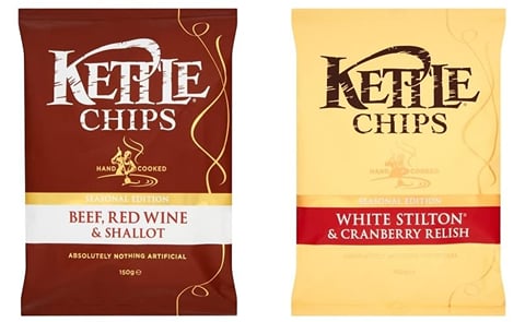 KETTLE® Chips (United Kingdom) releases a Winter Seasonal Edition, "Soy, Ginger, Chilli & Honey", and two Limited edition Christmas specials, "Beef, Red Wine & Shallot" and "White Stilton® & Cranberry Relish" (shown) KETTLE® Chips (United Kingdom) releases a Winter Seasonal Edition, "Soy, Ginger, Chilli & Honey", and two Limited edition Christmas specials, "Beef, Red Wine & Shallot" and "White Stilton® & Cranberry Relish" (shown)