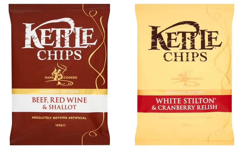 KETTLE® Chips (United Kingdom) releases a Winter Seasonal Edition, "Soy, Ginger, Chilli & Honey", and two Limited edition Christmas specials, "Beef, Red Wine & Shallot" and "White Stilton® & Cranberry Relish" (shown)