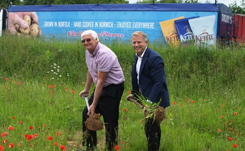 Melvyn Mickleburgh, potato in-take manager at Kettle Foods Ltd (left) and Ashley Hicks, Managing director (right) during the ground-breaking ceremony for the new potato receiving area for the Kettle Foods Bowthorpe factory in the United Kingdom Melvyn Mickleburgh, potato in-take manager at Kettle Foods Ltd (left) and Ashley Hicks, Managing director (right) during the ground-breaking ceremony for the new potato receiving area for the Kettle Foods Bowthorpe factory in the United Kingdom