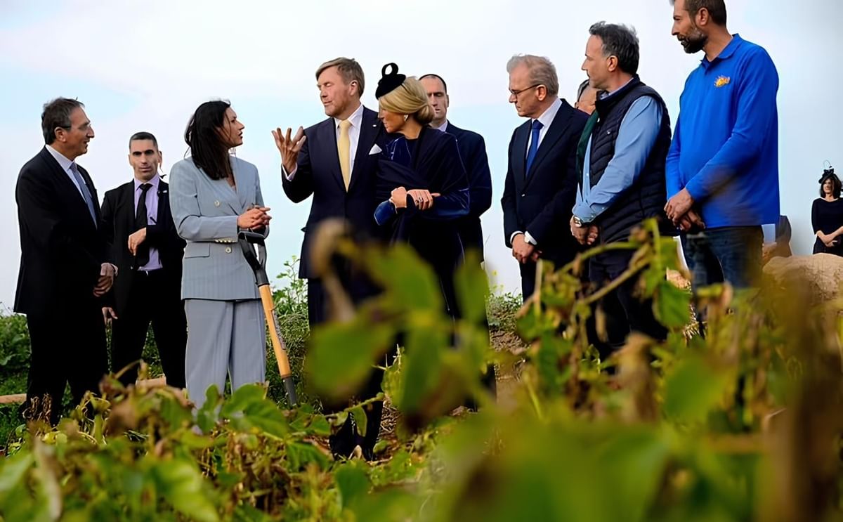 King Willem Alexander of the Netherlands, center left, and Queen Maxima, center right, talk with Cyprus' minister of agriculture Maria Panayiotou, left, during their visit a potato field in Xylophagou village, Cyprus, on Tuesday, March 4, 2025. (Courtesy: King Willem Alexander of the Netherlands, center left, and Queen Maxima, center right, talk with Cyprus' minister of agriculture Maria Panayiotou, left, during their visit a potato field in Xylophagou village, Cyprus, on Tuesday, March 4, 2025. (Courtesy: