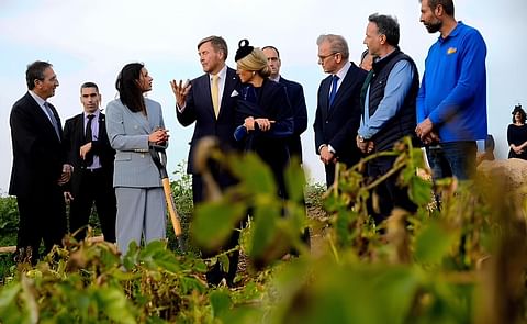 King Willem Alexander of the Netherlands, center left, and Queen Maxima, center right, talk with Cyprus' minister of agriculture Maria Panayiotou, left, during their visit a potato field in Xylophagou village, Cyprus, on Tuesday, March 4, 2025. King Willem Alexander of the Netherlands, center left, and Queen Maxima, center right, talk with Cyprus' minister of agriculture Maria Panayiotou, left, during their visit a potato field in Xylophagou village, Cyprus, on Tuesday, March 4, 2025.