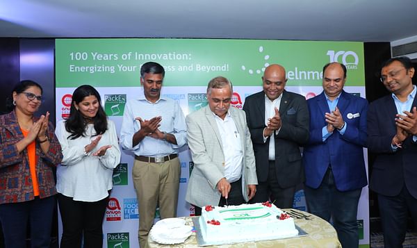 Koelnmesse Pvt Ltd Managing Director Milind Dixit cuts the cake to celebrate 100 years of Koelnmesse GmbH at the Partners Forum 2024, marking a century of excellence in organizing global trade fairs