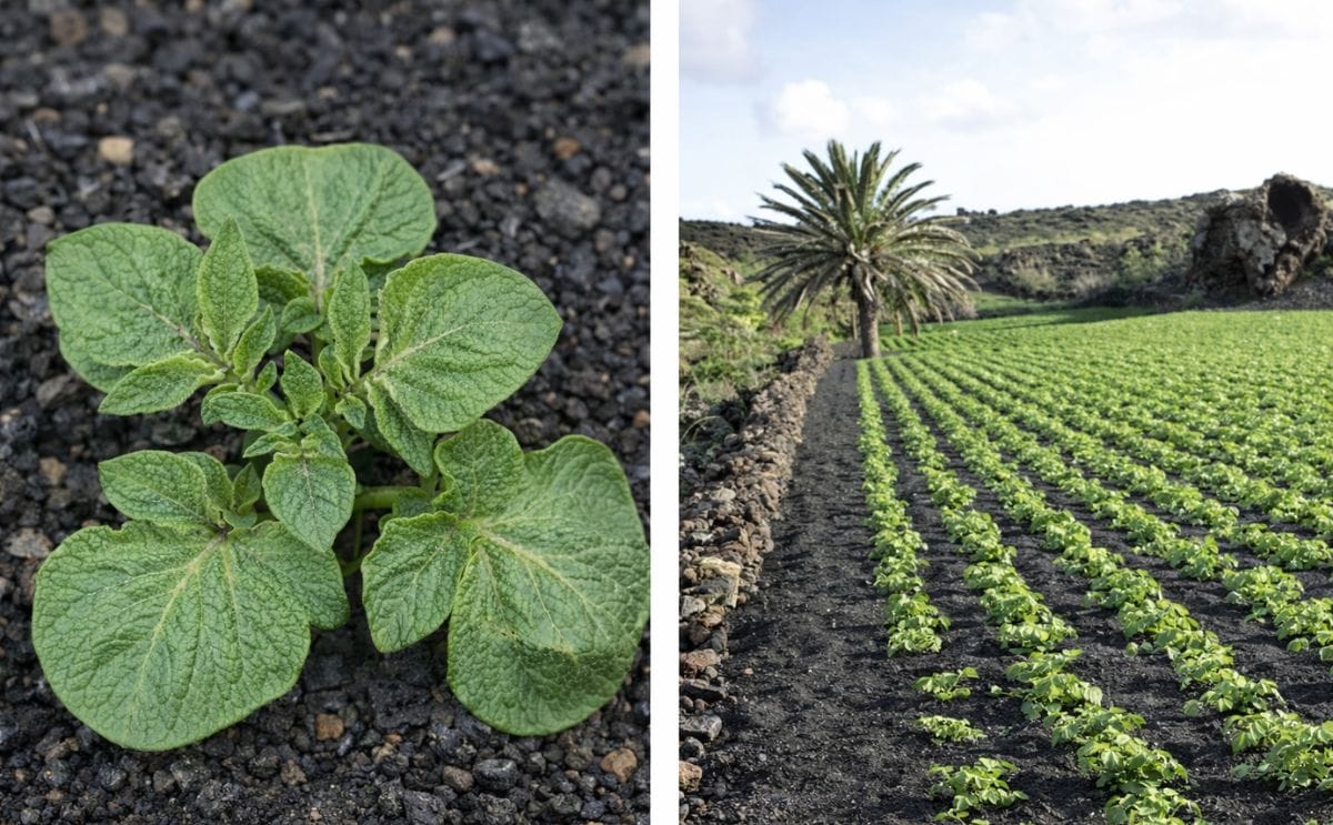 On Lanzarote - one of the Canary Islands - you can see a rarity in potato cultivation: potatoes are cultivated in black volcanic grit. Contrary to some of the other Canary Islands, Lanzarote is always very dry (14 cm/year - drier than some parts of the Sa