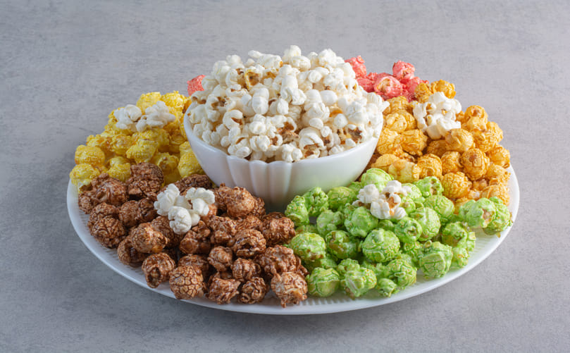 Vibrant Array of Gourmet Popcorn Flavors Vibrant Array of Gourmet Popcorn Flavors