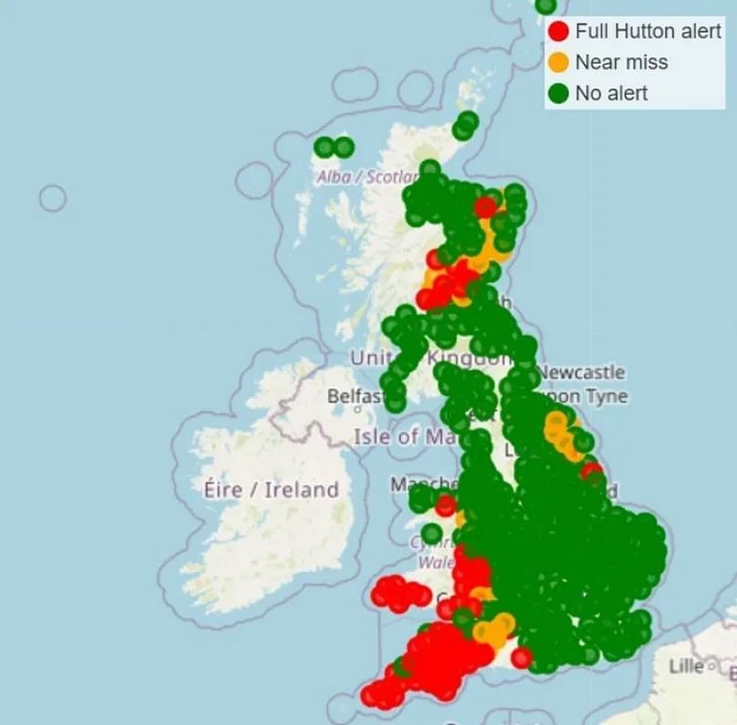 Hutton Criteria late blight risk mapping for 11 June 2025 from BlightSpy Hutton Criteria late blight risk mapping for 11 June 2025 from BlightSpy