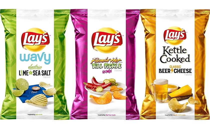 Frito-Lay launches three limited-time-only potato chip flavors inspired by Music: Lay's Wavy Electric Lime and Sea Salt (Pop Music), Lay's Flamin' Hot and Dill Pickle (Hip Hop), Lay's Kettle Cooked Classic Beer Cheese (Rock Music)