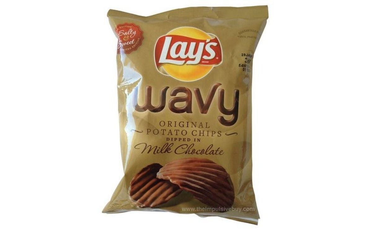 Lays Wavy original potato chips dipped in Milk Chocolate Lays Wavy original potato chips dipped in Milk Chocolate