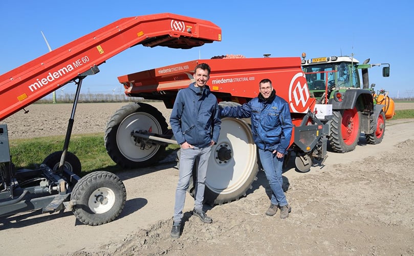 Leon Haanstra and Jeroen Winkelhorst from Schaap Holland inspecting the Miedema Structural 4000 planter, crucial for efficient potato cultivation. Leon Haanstra and Jeroen Winkelhorst from Schaap Holland inspecting the Miedema Structural 4000 planter, crucial for efficient potato cultivation.