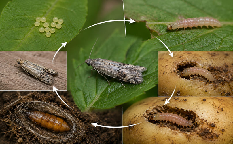 Life Cycle of Potato Tuber Moth (Phthorimaea operculella): Egg, Larval, Pupal and Adult Stages in Field and Storage Conditions