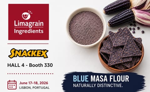 Limagrain Ingredients will showcase blue masa flour at Snackex 2026 in Lisbon, Portugal, at Hall 4, Booth 330 Limagrain Ingredients will showcase blue masa flour at Snackex 2026 in Lisbon, Portugal, at Hall 4, Booth 330