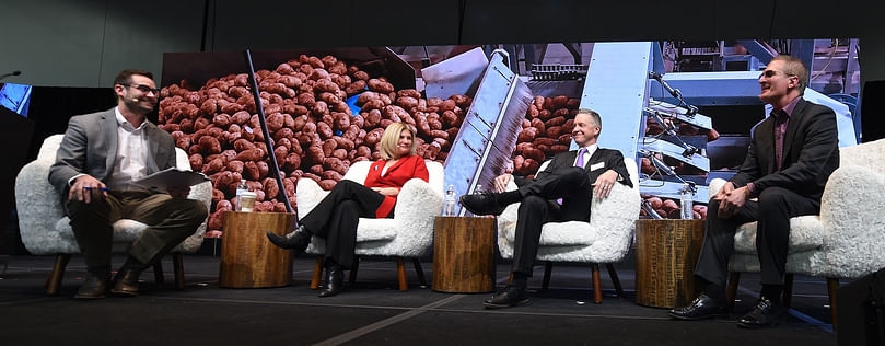 Live recording of the Eye on Potatoes Podcast during a Potato Talks session titled, “CEO Roundtable, Teamwork Across the Potato Industry. From left to right: Eye on Potatoes Podcast host Lane Nordlund; Alison Bodor, President & CEO of the American Frozen Food Institute; Kam Quarles, CEO of the National Potato Council; and Blair Richardson, President & CEO of Potatoes USA. Courtesy: Potato Expo and Bill Schaefer Photography