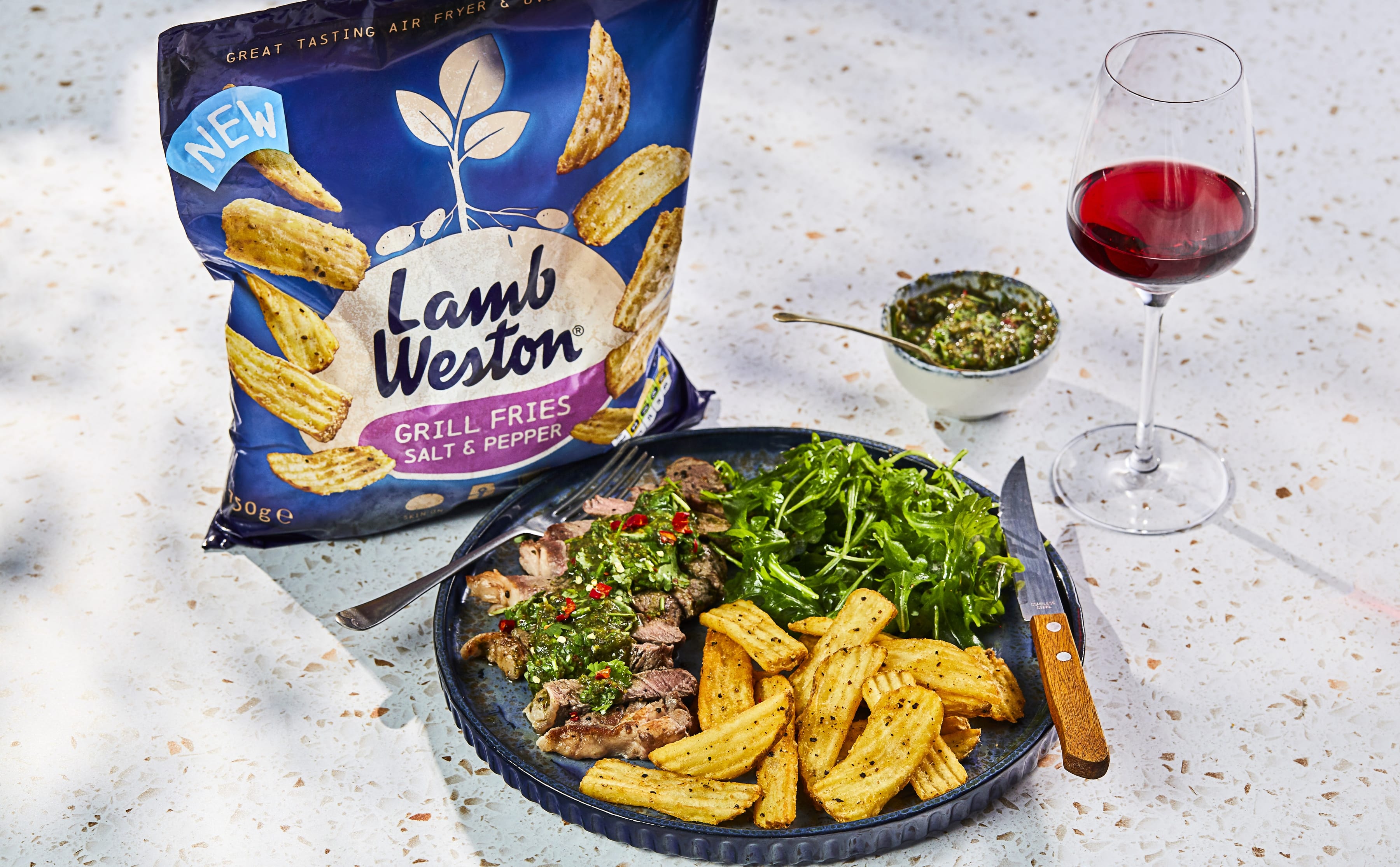 Lamb Weston Grill Fries Salt & Pepper, part of the award-winning Fries range, served with steak for a restaurant-quality at-home meal.