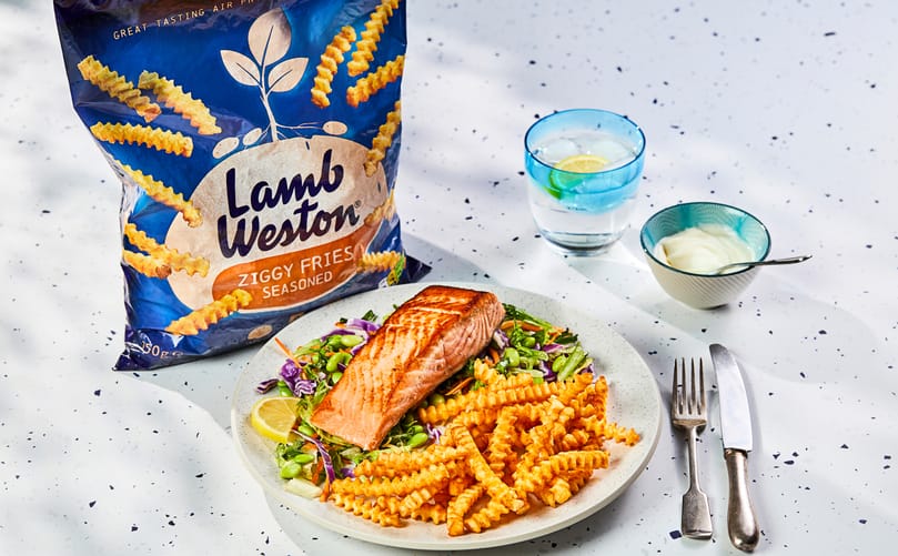 Lamb Weston Ziggy Fries (Seasoned) showcased alongside salmon, highlighting the brand’s distinctive shapes and flavour innovation Lamb Weston Ziggy Fries (Seasoned) showcased alongside salmon, highlighting the brand’s distinctive shapes and flavour innovation