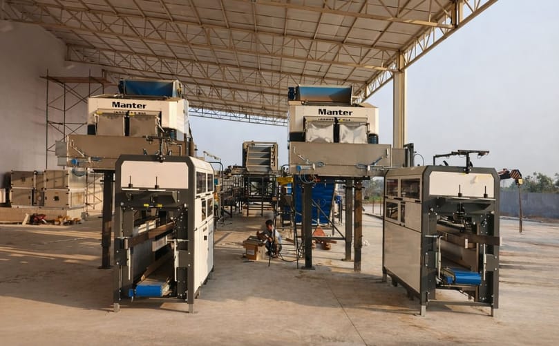 Integrated potato processing and packing line at Balaji Wafers facility in Ahmedabad, featuring Allround grading equipment feeding Manter M2 XXL weighers and SemiPack packaging machines