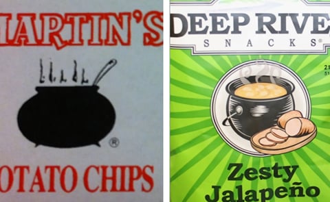 Martin's Potato Chips claims in a trademark infringement suit that a kettle logo used by Old Lyme Gourmet Co. for its Deep River Snacks (right) is too similar to its own (left). Martin's Potato Chips claims in a trademark infringement suit that a kettle logo used by Old Lyme Gourmet Co. for its Deep River Snacks (right) is too similar to its own (left).