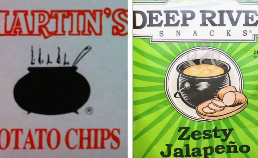 Martin's Potato Chips claims in a trademark infringement suit that a kettle logo used by Old Lyme Gourmet Co. for its Deep River Snacks (right) is too similar to its own (left). 