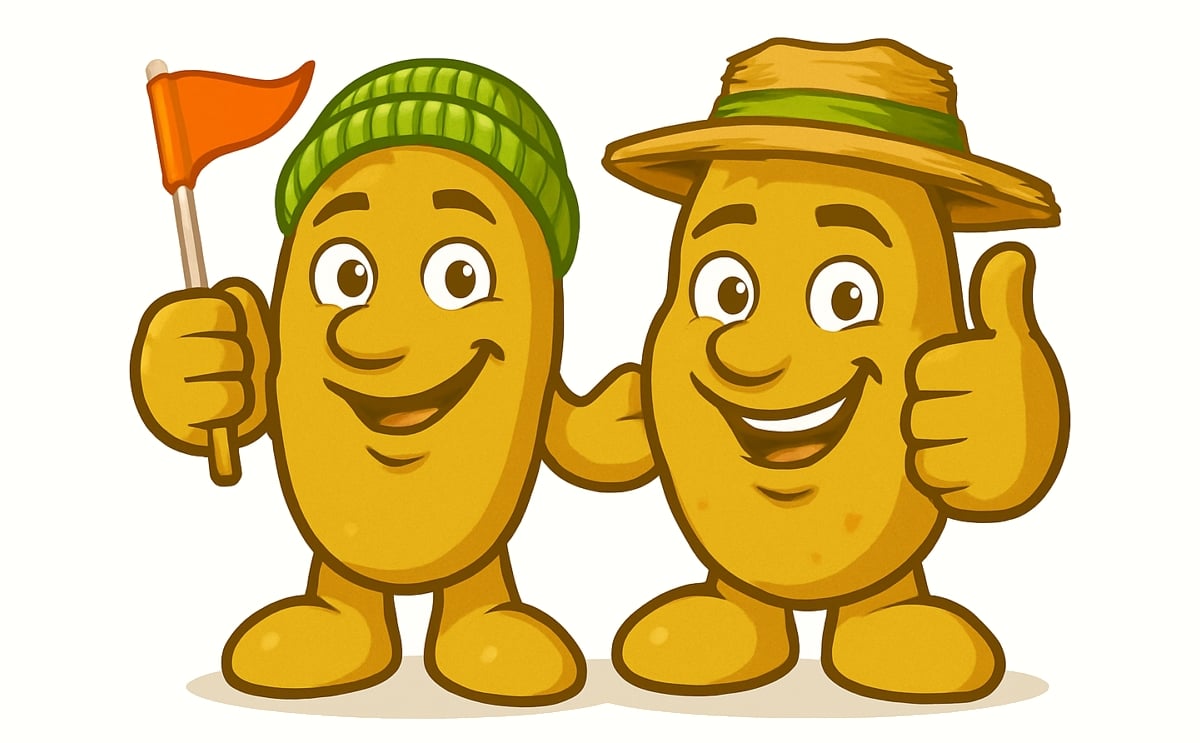 Friendly potato mascots - one signaling a warm welcome, the other marking the start of the activity - invite schools to join the 2026 'Kids an die Knolle' season. Friendly potato mascots - one signaling a warm welcome, the other marking the start of the activity - invite schools to join the 2026 'Kids an die Knolle' season.