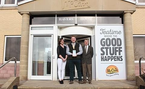 Andra Stan, Matthew Stubbings and Graham Finn (from left to right) posing with the award in front of Havers House at McCain Foods GB Headquarters in Scarborough. Andra Stan, Matthew Stubbings and Graham Finn (from left to right) posing with the award in front of Havers House at McCain Foods GB Headquarters in Scarborough.