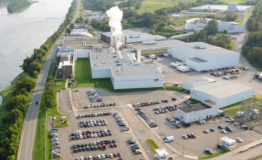 Aerial view of the McCain Foods (Canada) Florenceville-Bristol French fry plant on the banks of the Saint John River.