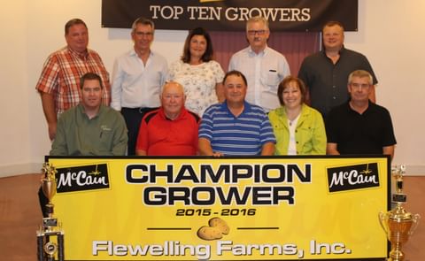 Front row left to right: McCain Field Department Manager Bart Bradbury, McCain Champion Growers, Jerry Flewelling, Bruce Flewelling, Valorie Flewelling, McCain Field Department Scheduler Barry Wolverton.
Back row left to right: McCain Director of Agric Front row left to right: McCain Field Department Manager Bart Bradbury, McCain Champion Growers, Jerry Flewelling, Bruce Flewelling, Valorie Flewelling, McCain Field Department Scheduler Barry Wolverton.
Back row left to right: McCain Director of Agric