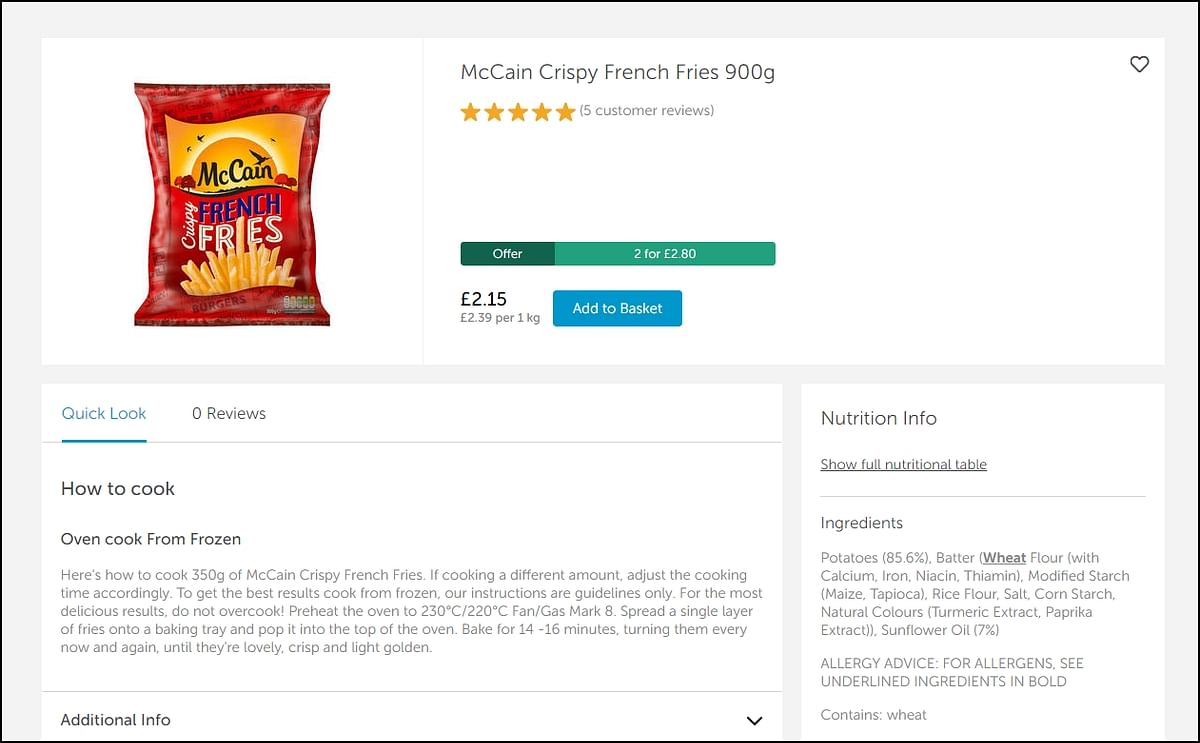 Example of an e-commerce listing of a McCain Foods product at a UK retailer