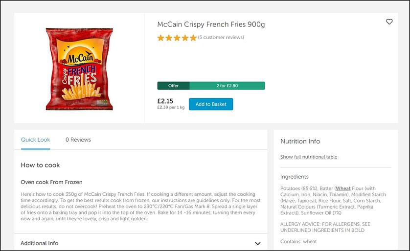 Example of an e-commerce listing of a McCain Foods product at a UK retailer