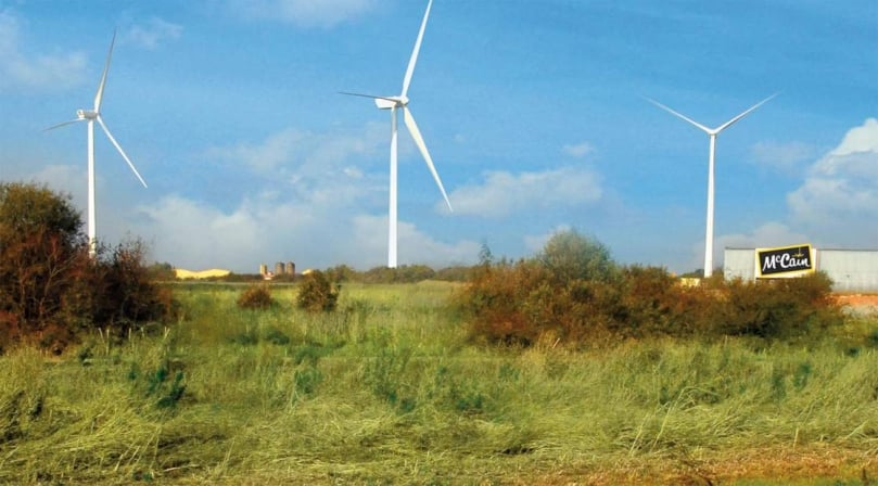 McCain Foods (GB) operates three 120 m high wind turbines on the Whittlesey site to generate electricity. McCain Foods (GB) operates three 120 m high wind turbines on the Whittlesey site to generate electricity.