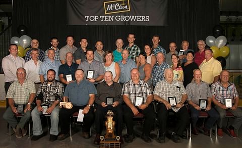 The Top 10 Potato Growers of McCain Foods Canada - Grand Falls with McCain Management
Refer to the main text for the winning potato farmers and the other individuals pictured. The Top 10 Potato Growers of McCain Foods Canada - Grand Falls with McCain Management
Refer to the main text for the winning potato farmers and the other individuals pictured.