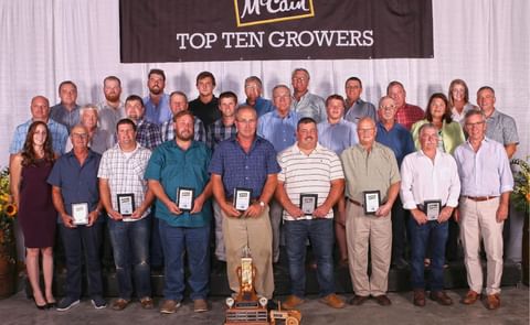 Top 10 Growers:
Front Row, L-R: Whitney Sipprell, Field Representative, Carl Stephenson, Andrew Stephenson, Andrew Reid, Carl Crandlemire, Aaron Bubar, Dana Bubar, Kevin Floyd and Allison McCain, Chairman, McCain Foods Limited.
Middle Row, L-R: Travis Top 10 Growers:
Front Row, L-R: Whitney Sipprell, Field Representative, Carl Stephenson, Andrew Stephenson, Andrew Reid, Carl Crandlemire, Aaron Bubar, Dana Bubar, Kevin Floyd and Allison McCain, Chairman, McCain Foods Limited.
Middle Row, L-R: Travis
