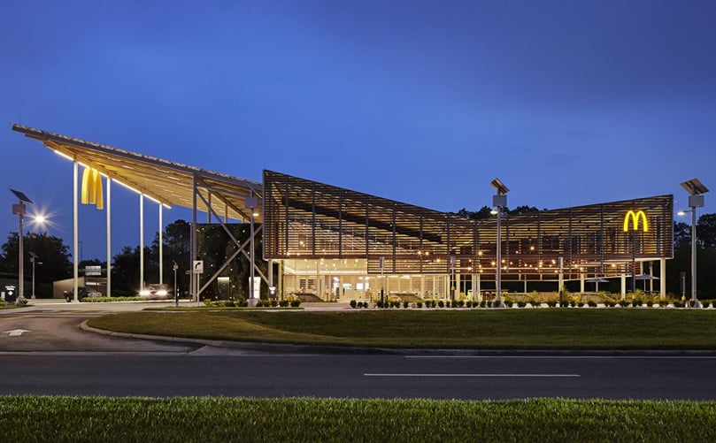 The 8,024 square-foot restaurant features an expansive, v-shaped solar-paneled roof and photovoltaic glass panels integrated throughout the building. The 8,024 square-foot restaurant features an expansive, v-shaped solar-paneled roof and photovoltaic glass panels integrated throughout the building.