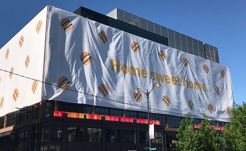 McDonald’s Corp. new corporate headquarters in Chicago right before the 70-foot tall and 470-foot wide wrap dotted with Big Macs was dropped for the grand unveil. McDonald’s Corp. new corporate headquarters in Chicago right before the 70-foot tall and 470-foot wide wrap dotted with Big Macs was dropped for the grand unveil.