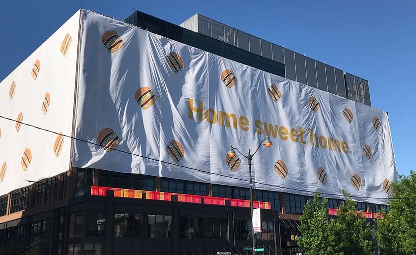 McDonald’s Corp. new corporate headquarters in Chicago right before the 70-foot tall and 470-foot wide wrap dotted with Big Macs was dropped for the grand unveil.