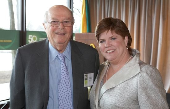 Nick Karos (left), the first Dean of the Hamburger University and Maureen Getcliffe (right), current Dean of McDonald's US Hamburger University Nick Karos and Maureen Getcliffe